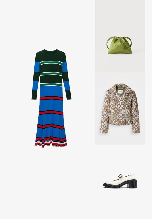 Scotch & Soda QUILTED BIKER JACKET - Overgangsjakke - multicolor; Strikkjole med lange ærmer, rund halsudskæring og lodrette striber i dyb grøn, blå og rød, med horisontale accenter i hvid.; Hvid Mary Jane-sko med plateau, tekstureret sort gummi hæl og spænde, der har afrundet tå og glat læderoverdel.; Grøn håndtaske med snøre og to hanke, dekoreret med broderede blå og grønne abstrakte former, sat mod en ensfarvet hvid baggrund.