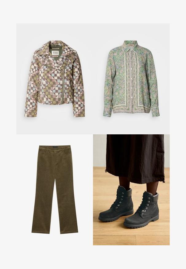 Scotch & Soda QUILTED BIKER JACKET - Overgangsjakke - multicolor; Grøn blomsterbutton-up skjorte med lange ærmer, der har en kontrastfarvet lyse trim og indviklede mønstre langs forsiden. Letvægtigt stof.; Olivengrønne fløjl bukser med flared ben, fem lommer, synlig syning og knaplukning i taljen for en sikker pasform.; Sorte ruskind ankle boots med pelskrave, rund tå, snørret front og robust gummisål, placeret på et trægulv.