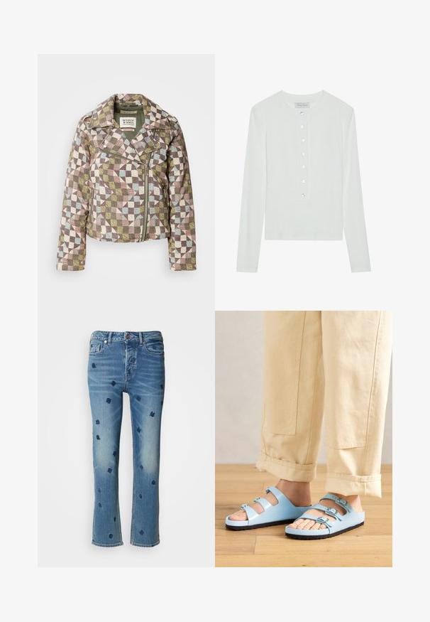 Scotch & Soda QUILTED BIKER JACKET - Overgangsjakke - multicolor; Hvid langærmet top lavet af ribbet stof, med en rund halsudskæring og en knaplukning foran med seks klare knapper.; Lysblå denimjeans med lige ben, prydet med marineblå blomsterbroderi og slitageeffekter nær lommerne og kanten.; Lysblå slidesandaler med tre justerbare stropper og sølvspænder; tekstureret sål og glat overflademateriale. Båret med opkrøllede beige bukser.