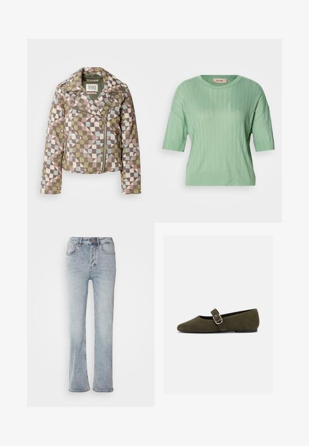Scotch & Soda QUILTED BIKER JACKET - Veste mi-saison - multicolor; Pull court vert menthe à manches courtes avec une texture côtelée, un col rond et une coupe légèrement ample. Présente un petit accent logo sur le côté.; Jeans en denim bleu clair avec une taille haute, une coupe droite et une légère évasement à l'ourlet. Dotés de surpiqûres décoratives et d'une fermeture éclair.; Chaussure plate Mary Jane en daim vert olive avec bride à boucle argentée et bout arrondi, présentée sur fond blanc.