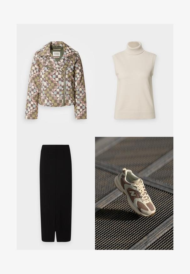 Scotch & Soda QUILTED BIKER JACKET - Overgangsjakke - multicolor; Ærmeløs beige strikket rullekravetrøje med ribbet halsudskæring og kant, vist på ensfarvet hvid baggrund.; Sort blyantskørt lavet af glat stof, med høj talje, to frontfoldninger og en slids i kanten for bedre bevægelsesfrihed.; Beige og brun atletisk sko med mesh-overdel, polstret sål og snørefunktion. Features logoaccent og teksturerede overlays.