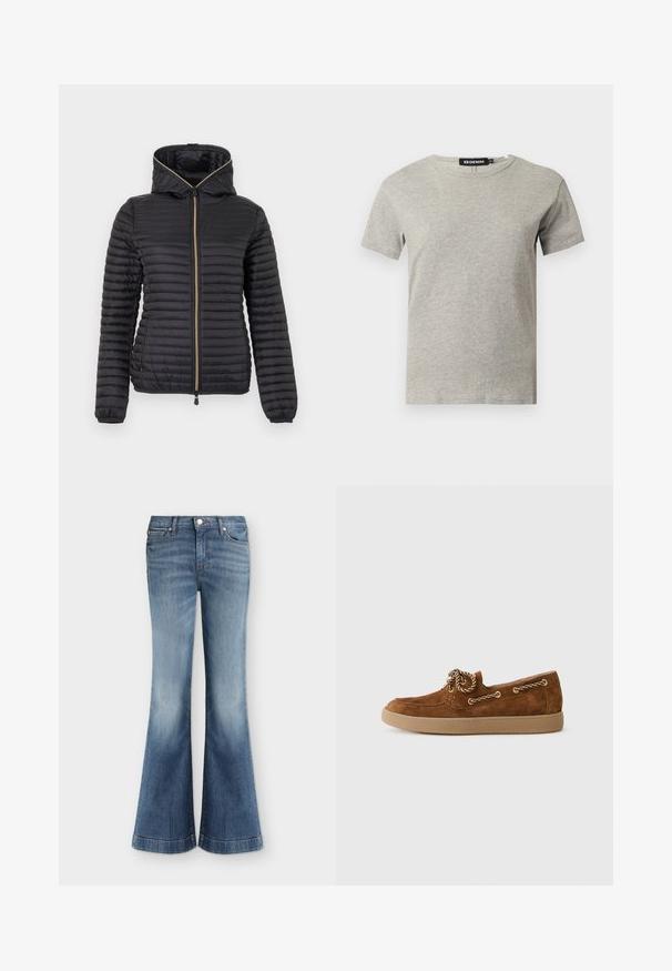 Sort letvægts quiltet jakke med hætte og lynlås foran, med vandrette sting og elastiske manchetter.; Lysegrå kortærmet crew neck bomulds T-shirt med synligt sort mærke inde i kraven med teksten "DENIM" og størrelse "S".; Blå denim jeans med højtaljet, fem lommer, frontknap og vide, flagrende ben.; Brun ruskinds loafer med en rund tå, kontrastfarvet tan gummisål, og dekorative guld-tone snørebånd langs siden.