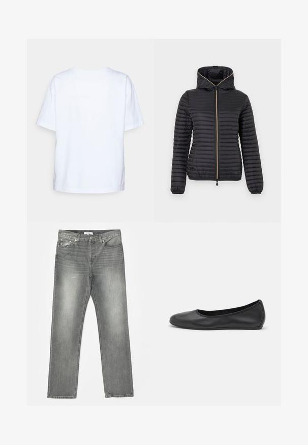 Sort letvægts quiltet jakke med hætte og lynlås foran, med vandrette sting og elastiske manchetter.; Enkelt hvid kortærmet bomulds t-shirt vist bagfra mod en lys grå baggrund.; RE/DONE EASY - Jeans Straight Leg - grigio; Sort læderballetsko med rund tå, glat tekstur, minimal syning og et fleksibelt såldesign.