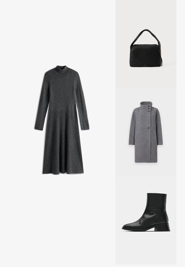 Manteau en laine gris avec un col montant, fermeture à trois boutons à l'avant et deux poches latérales. Il présente un design coupe droite et des manches longues.; Robe en tricot grise avec un col montant, des manches longues et une texture côtelée. Le corps ajusté se transforme en une section inférieure évasée et plissée.; Bottine noire en cuir brillant, au design épuré, avec un bout pointu et un petit talon bloc pour plus de stabilité.; Sac à main en cuir noir avec une texture lisse, de forme rectangulaire et une poignée courbée. Il dispose d'une fermeture éclair dorée et d'une marque discrète à l'avant.