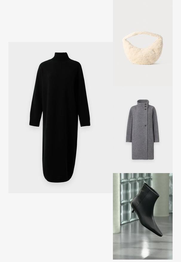 Grå uldfrakke med høj krave, tre knaplukninger fortil og to sidelommer. Har en lige skåret design og lange ærmer.; Sort langærmet turtleneck strikket midikjole med ribbede manchetter og kant, præsenteret mod en ensfarvet hvid baggrund.; Sort læderankelstøvle med spids tå og lav kitten-hæ, vist vinklet mod en poleret gulv- og glasblokvæg.; Cremefarvet taske med en blød, fluffy tekstur. Buet form og en bred rem til at bære. Simpelt design, ingen synlige hardware eller accenter.