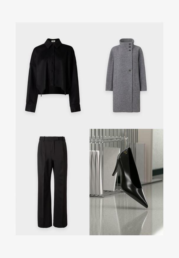 Grå uldfrakke med høj krave, tre knaplukninger fortil og to sidelommer. Har en lige skåret design og lange ærmer.; Sort cropped skjorte med knapper og krave, der har en glat tekstur, lange ærmer og en rundet kant. Knapperne er sorte.; Højtaljede sorte bukser, lavet af glat stof, med en lige ben-design, sidelommer og en flad front med læg.; Sort højhælet sko med spids tå og guldlogo, placeret på en reflekterende overflade nær en krom trådfilholder med dokumenter.