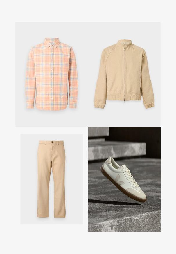 Veste beige zippée avec col montant, deux boutons au niveau du cou, poches latérales, poignets élastiques et taille élastique.; Chemise homme à manches longues boutonnée avec motif à carreaux pêche, crème et bleu, et une poche poitrine.; Pantalon beige à jambes droites avec passants pour ceinture, bouton devant, fermeture éclair et poches latérales.; Baskets en cuir blanc avec semelle en caoutchouc beige, lacets plats et accent en forme de V sur le côté. Présentent une surface lisse et peu de détails de couture.