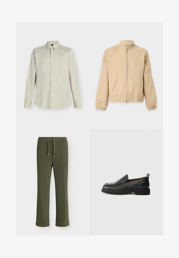 Veste beige zippée avec col montant, deux boutons au niveau du cou, poches latérales, poignets élastiques et taille élastique.; Chemise beige à manches longues avec boutons, col et petit logo sur la poitrine, présentée sur un fond clair uni.; Pantalon en maille côtelée vert olive avec taille à cordon et coutures verticales visibles sur le devant de chaque jambe.; Chaussure slip-on en cuir noire avec un bout rond, un dessus texturé, des coutures rouges contrastantes et un petit talon. Présente une languette en boucle.