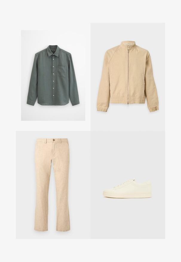 Veste beige zippée avec col montant, deux boutons au niveau du cou, poches latérales, poignets élastiques et taille élastique.; Chemise à manches longues gris foncé avec col et poche poitrine gauche, en tissu texturé.; Pantalon en lin beige à coupe droite avec fermeture par bouton et zip, passants de ceinture et poches avant sur fond blanc.; Baskets couleur crème avec une tige en cuir lisse, bout arrondi, laçage à l'avant et semelle en caoutchouc texturée. Design minimaliste, sans logo.