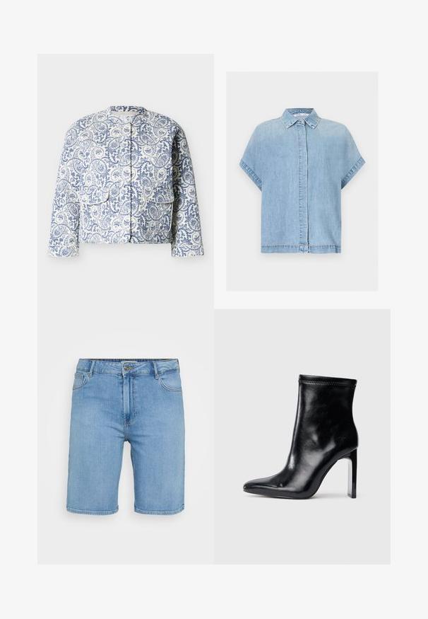 Weiße gesteppte Jacke mit blauem Blumen- und Paisley-Muster, Druckknopfleiste, zwei großen Taschen vorne und rundem Kragen.; Hellblaues Denim-Kurzarmhemd mit verdeckter Knopfleiste und klassischem Kragen, dargestellt auf weißem Hintergrund.; Helles blaues Denim-Shorts mit klassischem Schnitt, ausgestattet mit einem vorderen Knopfverschluss, Gürtelschlaufen und zwei Seitentaschen. Glatte Textur und gerader Saum.; Schwarze Lederstiefelette mit spitzem Zeh und hohem, transparentem Absatz. Glatte Oberfläche und minimales Nähdetail an der Oberseite.
