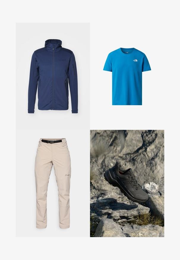 Mørkeblå jakke med fuld lynlås, justerbar hætte og to lynlåslommer. Glat tekstur med kontrasterende skulderpaneler.; Blå kortærmet t-shirt lavet af glat stof, med et lille hvidt logo på venstre bryst. Klassisk crew neck design.; Beige udendørs bukser med et sort bælte, lynlåslommer og lige ben. Fremstillet af letvægts, vandafvisende stof.; Sorte trail løbesko med en struktureret overdel, der har en polstret sål, forstærket tåhætte og diskret branding på siden.