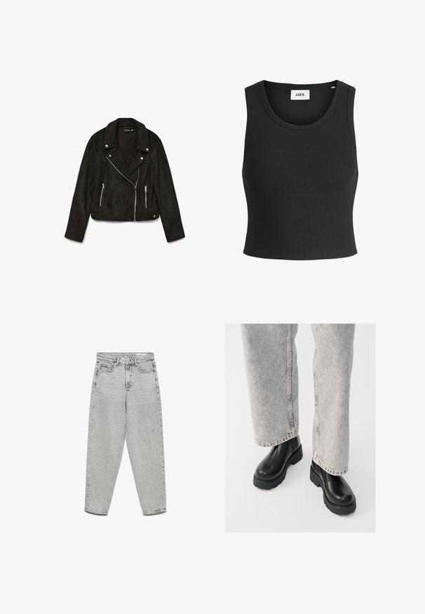 Zwarte motorjas van nepsuède met een reverskraag, zilverkleurige ritsen en twee zakken aan de voorkant met rits. Heeft een cropped ontwerp.; Zwarte geribbelde tanktop met een ronde hals en mouwloos ontwerp; gemaakt van een zachte, rekbare stof voor comfort en pasvorm.; Lichtgrijze jeans met hoge taille en rechte pijpen, voorzakken, riemlussen en een ritssluiting.; Vagabond COSMO - Enkellaarsjes met plateauzool - black