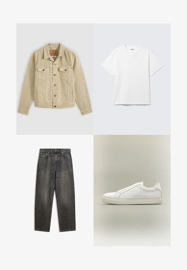 Beige Jeansjacke mit Knopfleiste vorne, Brustklappentaschen mit Knöpfen, seitlichen Schlitzentaschen und einem braunen Leder-Label innen im Kragen.; Weißes T-Shirt mit kurzen Ärmeln und Rundhalsausschnitt, flach liegend, schlichtes Design, mit „WEEKDAY“-Etikett innen im Kragen auf hellem Hintergrund.; Schwarze Jeans aus Denim mit entspannter Passform, fünf Taschen, Knopfverschluss und dezentem Verblassen in der Stoffstruktur.; Weißer Sneaker mit niedrigem Schaft, vorn mit Schnürung und dicker Sohle, aus der Seitenansicht vor neutralem Hintergrund.