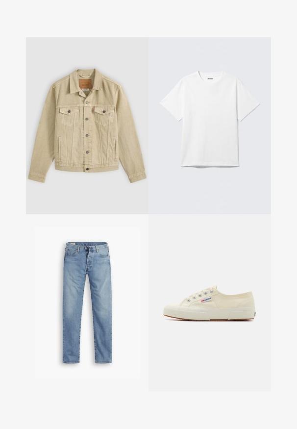 Beige Jeansjacke mit Knopfleiste vorne, Brustklappentaschen mit Knöpfen, seitlichen Schlitzentaschen und einem braunen Leder-Label innen im Kragen.; Weißes T-Shirt mit kurzen Ärmeln und Rundhalsausschnitt, flach liegend, schlichtes Design, mit „WEEKDAY“-Etikett innen im Kragen auf hellem Hintergrund.; Hellblaue Denim-Jeans mit geradem Schnitt. Sie verfügen über einen Knopfverschluss, fünf Taschen und eine leicht verwaschene Textur.; Beige Leinen-Sneaker mit niedrigem Profil, Metallösen und Gummisohle. Mit einem strukturierten Muster und einem Logodetail an der Seite.