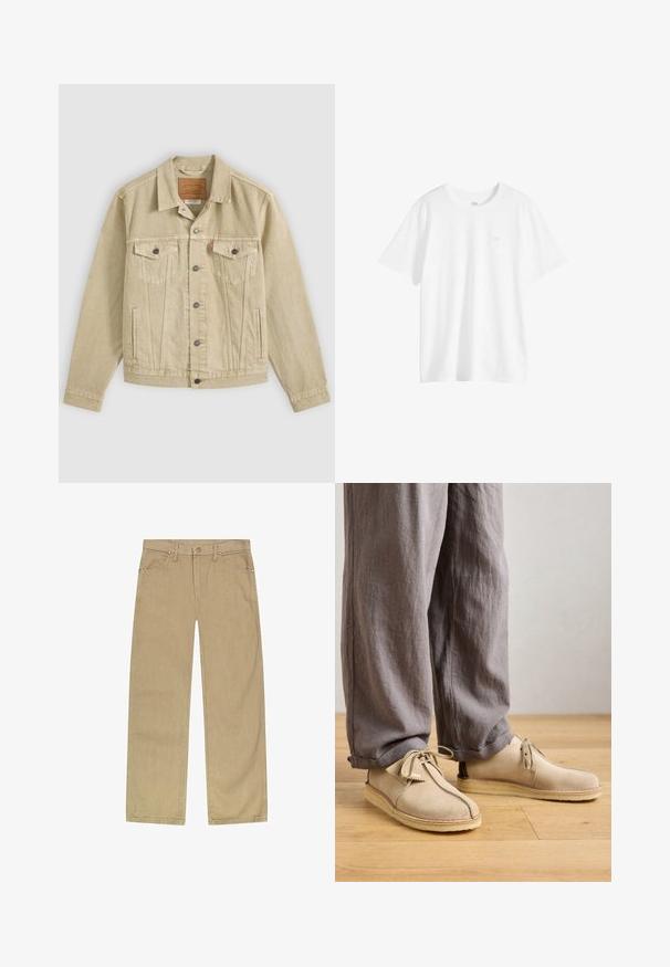 Veste en jean beige avec fermeture par boutons, poches poitrine à rabats avec boutons, poches latérales fendues et une étiquette de marque en cuir marron à l’intérieur du col.; T-shirt blanc uni à manches courtes et col rond avec un petit logo sur la poitrine du côté gauche, présenté sur un fond blanc.; Pantalons en twill de coton beige avec une coupe droite, cinq poches, fermeture éclair à l'avant et rivets couleur cuivre pour une durabilité accrue.; Chaussures en suède beige à bout rond, avec des détails de lacets et des accents cousus, assorties à un pantalon en lin gris ample sur un sol en bois.