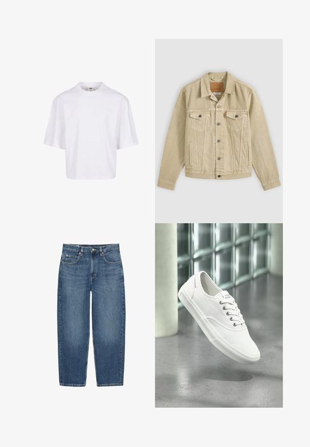Beige Jeansjacke mit Knopfleiste vorne, Brustklappentaschen mit Knöpfen, seitlichen Schlitzentaschen und einem braunen Leder-Label innen im Kragen.; Weißes Kurzarm-T-Shirt mit Rundhalsausschnitt und lockerer Passform, gefertigt aus einem glatten Baumwollmischgewebe. Keine Muster oder Verzierungen.; Blaue Jeans mit geradem Bein, Knopf- und Reißverschluss vorne, Gürtelschlaufen und fünf Taschen vor weißem Hintergrund.; Weißer niedriger Canvas-Sneaker mit Schnürsenkeln, beschriftet mit Tommy Hilfiger, schwebt über einem glatten grauen Boden nahe einer Glasbausteinwand.