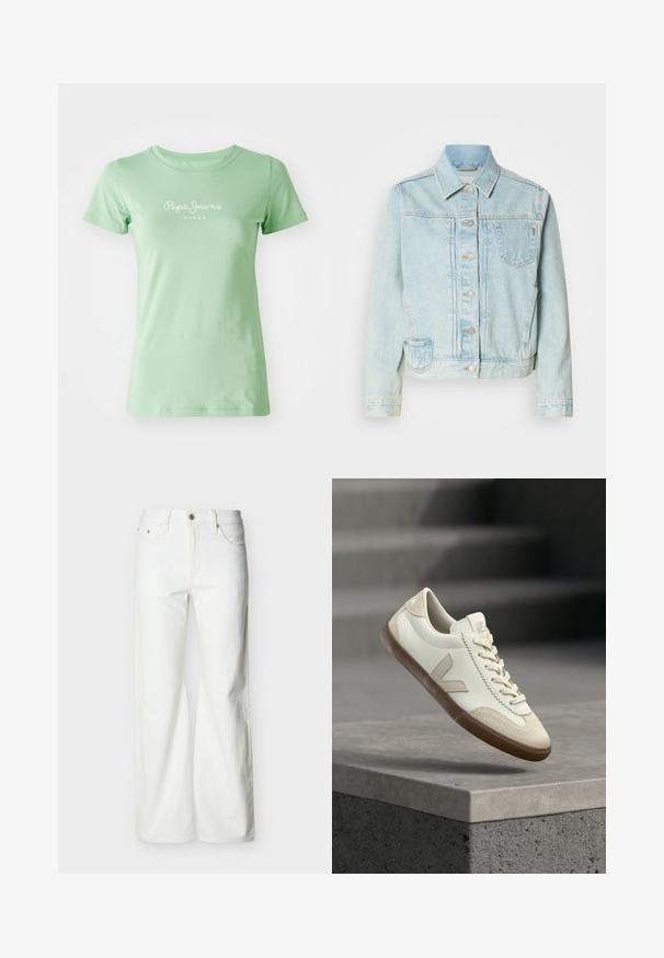 Lichtblauwe spijkerjas met knoopsluiting, twee zijzakken en één borstzak. De stof heeft een vervaagde textuur.; Muntgroene T-shirt met korte mouwen, gemaakt van glad katoen, met een wit logo "Pepe Jeans London" gecentreerd op de voorkant. Eenvoudig ontwerp.; Witte jeans met rechte pijpen en hoge taille, voorzien van een knoopsluiting aan de voorkant, rits, en zij- en achterzakken, tegen een effen lichte achtergrond.; Witte en beige sneaker met gumzool die boven een grijze betonnen vloer zweeft, met wazige trappen op de achtergrond.