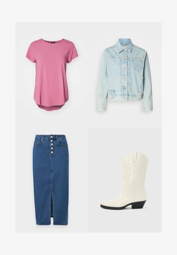 Lichtblauwe spijkerjas met knoopsluiting, twee zijzakken en één borstzak. De stof heeft een vervaagde textuur.; Roze T-shirt met korte mouwen, een ronde hals, een ontspannen fit en een iets langere achterzijde. Gemaakt van zachte, gladde stof.; Blauwe spijkerbroek midi-rok met voorzijde split, knoopsluiting en ontwerp met vijf zakken.; Witte westernlaars tot halverwege de kuit met puntige neus, zwarte gestapelde hak, decoratieve stiknaden en een lus aan de schacht.