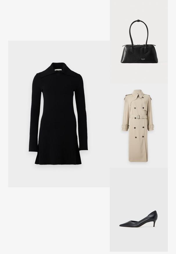 Beige dobbeltradet trenchcoat med brede revers, skulderremme, bælte i taljen og manchetremme.; Sort langærmet mini kjole med bred krave, tætsiddende talje og let udvidet kant, præsenteret på en hvid baggrund.; Sort læderpumpe med spids tå og lav hæl. Har en glat tekstur og subtil glans. Åben udskæring foran for ekstra detalje.; Sort læderhåndtaske med to lange afrundede håndtag, lynlås og lille hvid logo tekst foran i midten.