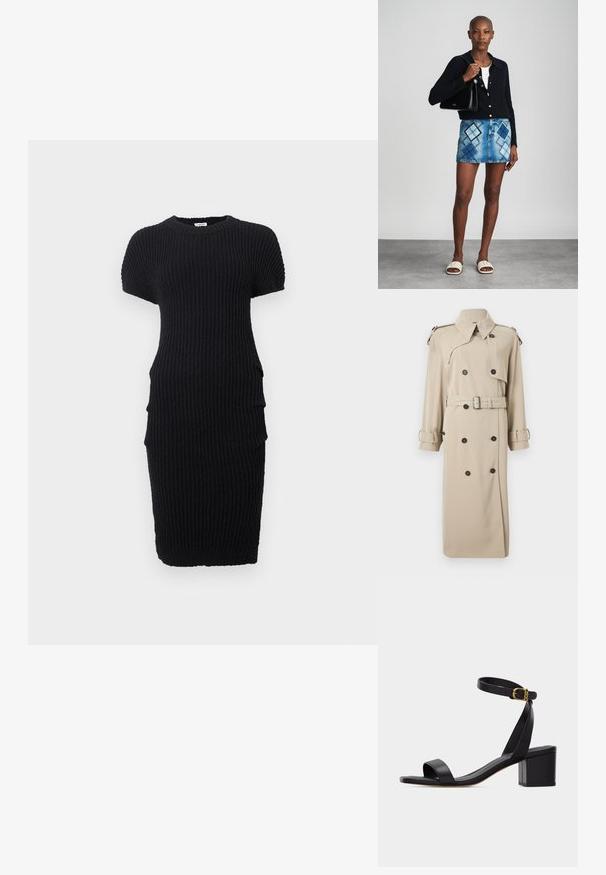 Trench-coat beige à double boutonnage avec larges revers, épaulettes, ceinture à la taille et bracelets aux poignets.; Robe courte en maille noire côtelée à manches courtes, col rond et silhouette ajustée, présentée sur fond blanc.; Sandale noire à bout ouvert avec talon bloc et bride à la cheville ornée d'une petite boucle en or, vue de côté sur un fond uni.; Un cardigan en maille noir, un haut blanc, une jupe en denim avec un motif de diamants bleus et noirs, un sac à main noir et des sandales à enfiler beiges.