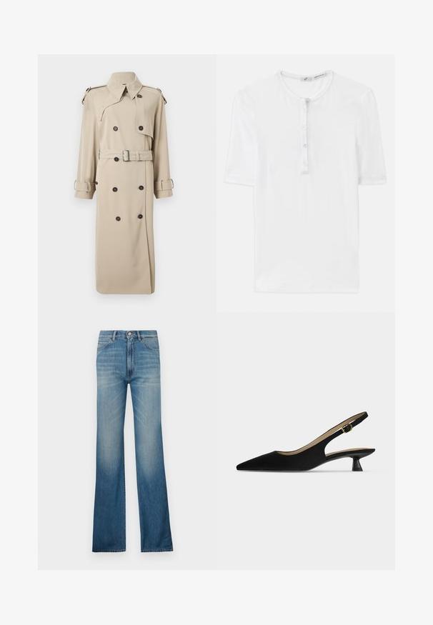 Beige dubbelgeknoopte trenchcoat met brede revers, schouderepauletten, een tailleriem en manchetsluitingen.; Witte T-shirt met korte mouwen van ribstof, met een ronde hals en een vijf knopen tellende sluiting. Zachte textuur en een relaxed fit.; Blauwe denim flared jeans met een lichte wassing, voorzien van traditionele vijf-pocket styling en een knoopgulp. Rechte pijpen.; Zwarte slingback-schoen met spitse neus, lage kittenhak en gouden gespband, in profiel getoond op een effen lichte achtergrond.