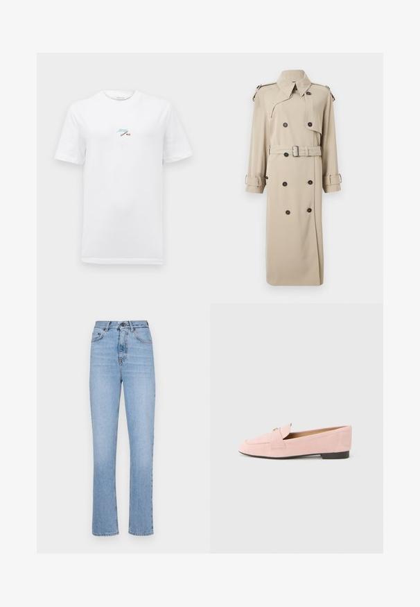 Beige dubbelgeknoopte trenchcoat met brede revers, schouderepauletten, een tailleriem en manchetsluitingen.; Witte katoenen t-shirt met korte mouwen en een ronde hals. Heeft een klein, meerkleurig logo op de borst. Klassiek, recht gesneden ontwerp.; Lichtblauwe denim jeans met een rechte pasvorm, hoge taille en klassieke vijf-pocketstijl. Kenmerkt zich door een gladde textuur en subtiele vervaging.; Roze suède loafer met een kleine hak, voorzien van een afgeronde neus en een decoratief klepje met hardware detail. Gladde textuur en klassiek ontwerp.