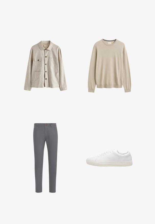 Beige Hemdjacke mit Kragen und vier vorderen Taschen, eine mit Knopfklappe, aus strukturiertem Stoff.; Beiger Langarmpullover mit Rundhalsausschnitt, mit gerippten Bündchen und Saum, schlichtes Design, Markenetikett innen am Halsausschnitt.; Graue Baumwollhosen mit einer taillierten Passform, ausgestattet mit einem Knopfverschluss, normalen Taschen und einer glatten Textur.; Weiße Leder-Sneaker mit glatter Textur, runder Zehenpartie, Schnürverschluss und flacher Gummisohle. Minimalistisches Design ohne sichtbare Muster.
