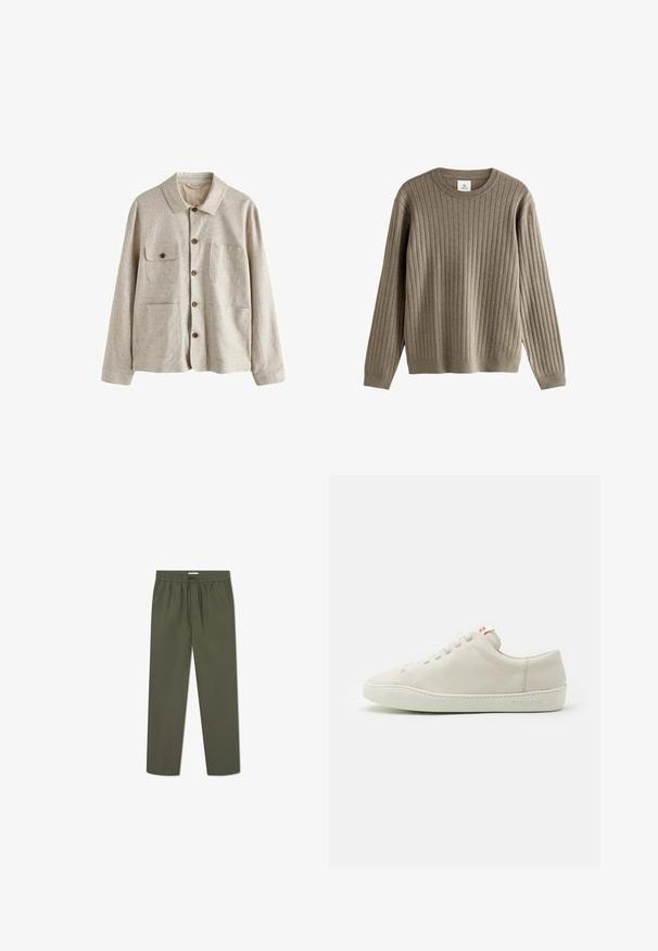 Chaqueta beige abotonada con cuello y cuatro bolsillos delanteros, uno con solapa abotonada, confeccionada en tela texturizada.; Suéter de punto acanalado color topo de manga larga, con cuello redondo y puños ajustados, fabricado en un suave tejido de punto.; Pantalones verde oliva con cintura elástica, detalle de cordón y bolsillos laterales. La tela tiene una textura suave y ligera.; Zapatilla de cuero blanca con punta redondeada, suela blanca plana y un diseño de cordones minimalista. Presenta un sutil logo grabado en el costado.