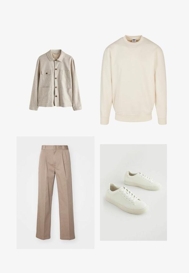 Beige jas met knopen, kraag en vier voorzakken, waarvan één met een knoopflap, gemaakt van gestructureerde stof.; Crème kleurige sweatshirt met een geribde halslijn en boorden. Heeft een losse pasvorm, zachte textuur en geen zichtbare patronen of graphics.; Beige, hoge taille broek met een wijde pijpontwerp. Bevat twee voorplooien en een soepele textuur. Standaard lengte met een nette afwerking.; Witte sneakers van gestructureerd synthetisch materiaal, met een ronde neus, veterontwerp en een licht verhoogde rubberen zool.