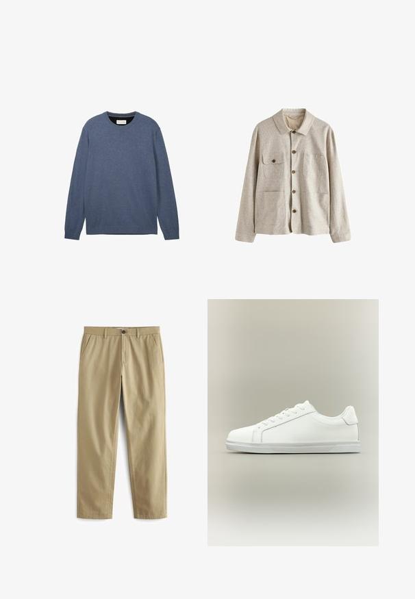 Beige skjortejakke med krave og fire forlommer, hvoraf den ene har en knaplukket klap, lavet af tekstureret stof.; Crewneck sweater i mørkeblå, fremstillet af blødt stof med en glat tekstur, der har lange ærmer og ribbede manchetter samt kant.; Beige bukser lavet af en bomuldsblanding, med knaplukning, to forlommer og lige ben med minimal tekstur.; Lavtop hvid sneaker med snørelukning foran og tekstureret gummisål mod en ensartet neutral baggrund.