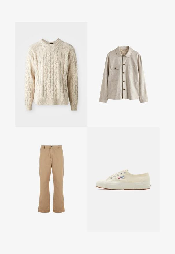 Beige Hemdjacke mit Kragen und vier vorderen Taschen, eine mit Knopfklappe, aus strukturiertem Stoff.; Cremfarbener Kabelstrickpullover mit Rundhalsausschnitt, strukturiertem Muster und gerippten Bündchen und Saum. Hergestellt aus weicher, dicker Wolle.; Beige Baumwollhosen mit geradem Schnitt, ausgestattet mit einem Knopfverschluss, Vordertaschen und einer glatten Textur.; Beige Leinen-Sneaker mit niedrigem Profil, Metallösen und Gummisohle. Mit einem strukturierten Muster und einem Logodetail an der Seite.