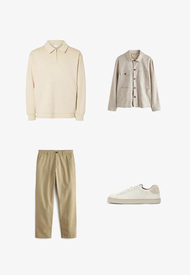 Beige jas met knopen, kraag en vier voorzakken, waarvan één met een knoopflap, gemaakt van gestructureerde stof.; Beige pullover sweatshirt gemaakt van zachte stof, met een ritssluiting bij de hals, een kraag en een ontspannen pasvorm met een eenvoudig horizontaal naaddetail.; Beige broeken van een katoenmix, met een knoopsluiting, twee voorzakken en rechte pijpen met een minimale textuur.; Witte leren lage sneaker met witte veters, licht gestructureerde zool en lichtgrijze suède hielpatch, zijaanzicht.
