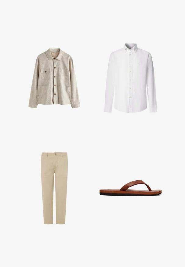 Beige jas met knopen, kraag en vier voorzakken, waarvan één met een knoopflap, gemaakt van gestructureerde stof.; Witte lange mouw blouse met knopen, een button-down kraag en een subtiel geborduurd logo op de linkerborst.; Beige chinos met een slim fit, gemaakt van zachte stof. Voorzien van een knoopsluiting aan de voorkant, riemlussen en rechte pijpen.; Bruine leren flip-flops met een gestructureerde band, een gevoerde voetbed en een zwarte rubberen zool. Zijkant van het ontwerp benadrukt de slanke stijl.