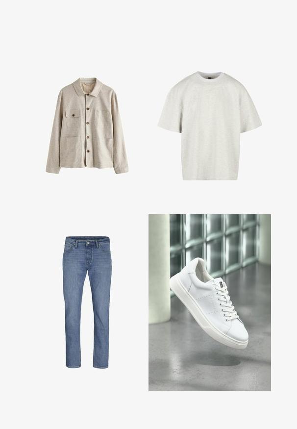 Beige skjortejakke med krave og fire forlommer, hvoraf den ene har en knaplukket klap, lavet af tekstureret stof.; Lys grå bomulds t-shirt med korte ærmer, rund hals og en afslappet pasform. Stof overfladen er blød og let struktureret.; Lyseblå denimjeans med lige pasform, fem lommer og en frontknaplukning med kontraststikninger.; Hvid lavtop-sneakers med snørebånd, perforeret sidepanel og "B" logo på tungen, svævende over en gråpoleret gulv nær glasklodser.