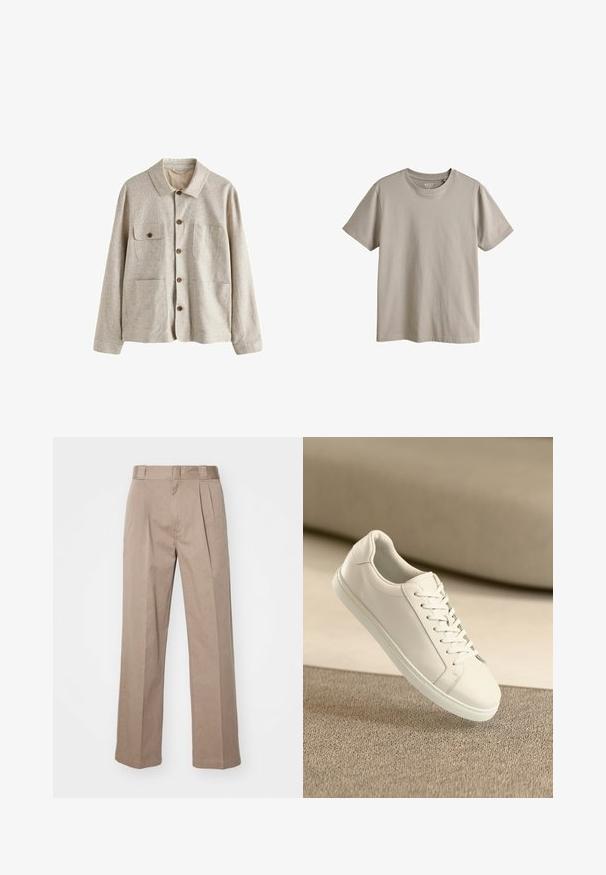 Beige skjortejakke med krave og fire forlommer, hvoraf den ene har en knaplukket klap, lavet af tekstureret stof.; Ensfarvet beige T-shirt med korte ærmer og rund hals, vist fladt uden mønstre eller logoer på forsiden.; Beige, høj talje bukser med bred ben-design. Har to forreste plisseringer og en glat tekstur. Standard længde med en ren finish.; Hvide lædersneakers med hvide snørebånd, præsenteret på en beige tekstureret overflade og med en blødt uskarp baggrund.