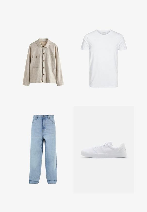 Beige jas met knopen, kraag en vier voorzakken, waarvan één met een knoopflap, gemaakt van gestructureerde stof.; Ronde hals kortemouwen t-shirt in effen wit, gemaakt van zachte katoen, heeft een eenvoudig ontwerp zonder zichtbare patronen of accenten.; Lichtblauwe denim jeans met een losse pasvorm, hoge taille en vijf zakken. Voorzien van riemlussen en een knoopsluiting. Glad textuur.; Witte canvas sneakers met een rubberen zool, voorzien van zes oogjes, een gestructureerde neuskap en een minimalistisch ontwerp.