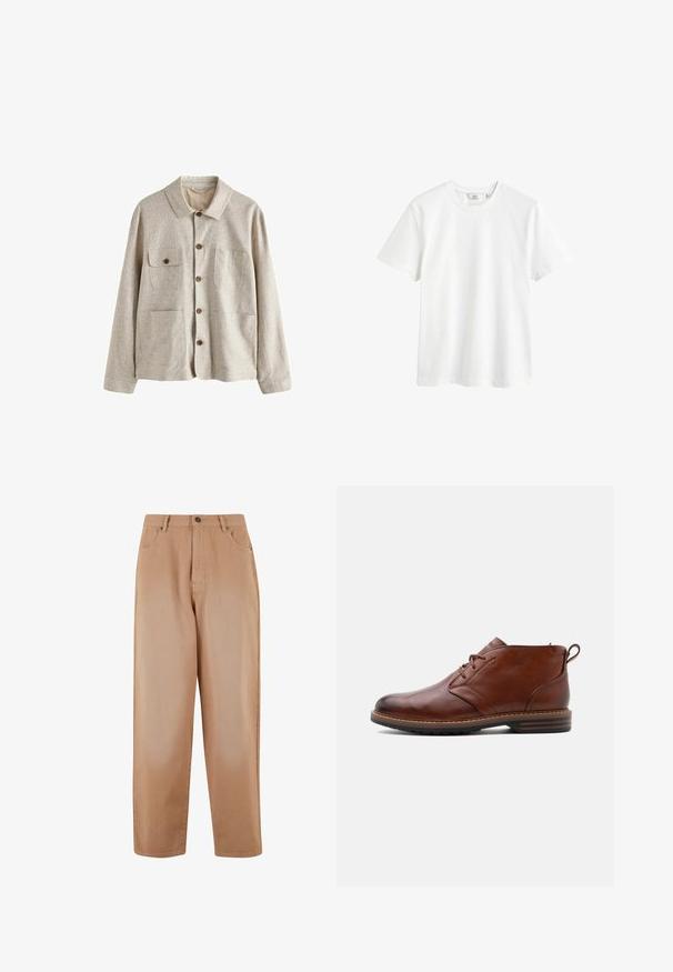 Beige jas met knopen, kraag en vier voorzakken, waarvan één met een knoopflap, gemaakt van gestructureerde stof.; Witte katoenen t-shirt met een ronde hals, korte mouwen en een ontspannen pasvorm. Gladde textuur en geen zichtbare patronen of accenten.; Beige broek met wijde pijpen, gemaakt van zachte katoenstof. Kenmerkt zich door een sluiting met een knoop en ritssluiting aan de voorkant, vijf zakken en riemlussen.; Bruine leren enkellaars met veters aan de voorkant, lage hak en een trek lus aan de achterkant, getoond vanaf de buitenkant op een effen achtergrond.