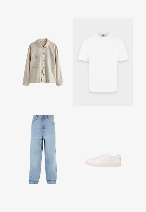 Chaqueta beige abotonada con cuello y cuatro bolsillos delanteros, uno con solapa abotonada, confeccionada en tela texturizada.; Camiseta blanca lisa de algodón con cuello redondo y mangas cortas, mostrada sobre un fondo gris claro.; Jeans de denim azul claro con ajuste holgado, cintura alta y cinco bolsillos. Presenta presillas para el cinturón y un cierre de botón. Textura suave.; Zapatilla blanca de corte bajo con cierre de cordones y suela plana, mostrada en perfil lateral sobre un fondo blanco.