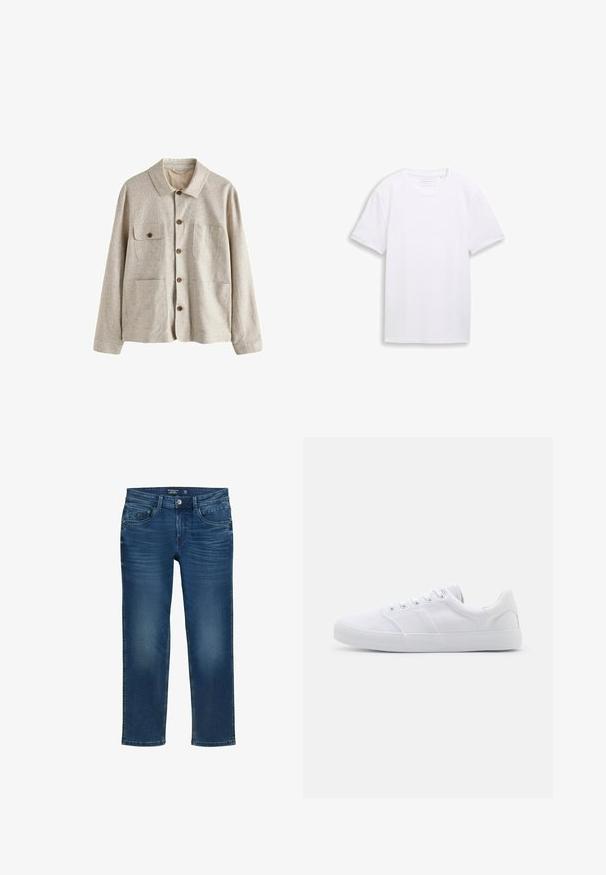 Beige jas met knopen, kraag en vier voorzakken, waarvan één met een knoopflap, gemaakt van gestructureerde stof.; Effen witte T-shirt met korte mouwen en ronde hals, plat gelegd op een witte achtergrond.; Rechthoekige herenjeans in donkerblauwe denim, met een klassieke vijf-pocket design, subtiele wassing en een knoopsluiting.; Witte canvas sneakers met een rubberen zool, voorzien van zes oogjes, een gestructureerde neuskap en een minimalistisch ontwerp.