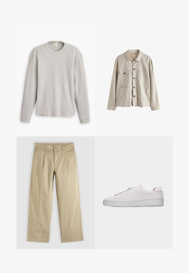 Chaqueta beige abotonada con cuello y cuatro bolsillos delanteros, uno con solapa abotonada, confeccionada en tela texturizada.; Suéter de punto gris de manga larga con textura acanalada, cuello redondo y dobladillo recto. Los puños son ajustados y están hechos de una tela suave.; Pantalones beige de pierna recta con pliegues frontales, trabillas para cinturón, bolsillos laterales y cierre de botón en la cintura.; Zapatilla deportiva de piel blanca de corte bajo con cordones blancos, suela de goma plana texturizada y costuras mínimas, mostrada desde el lado exterior sobre un fondo blanco.