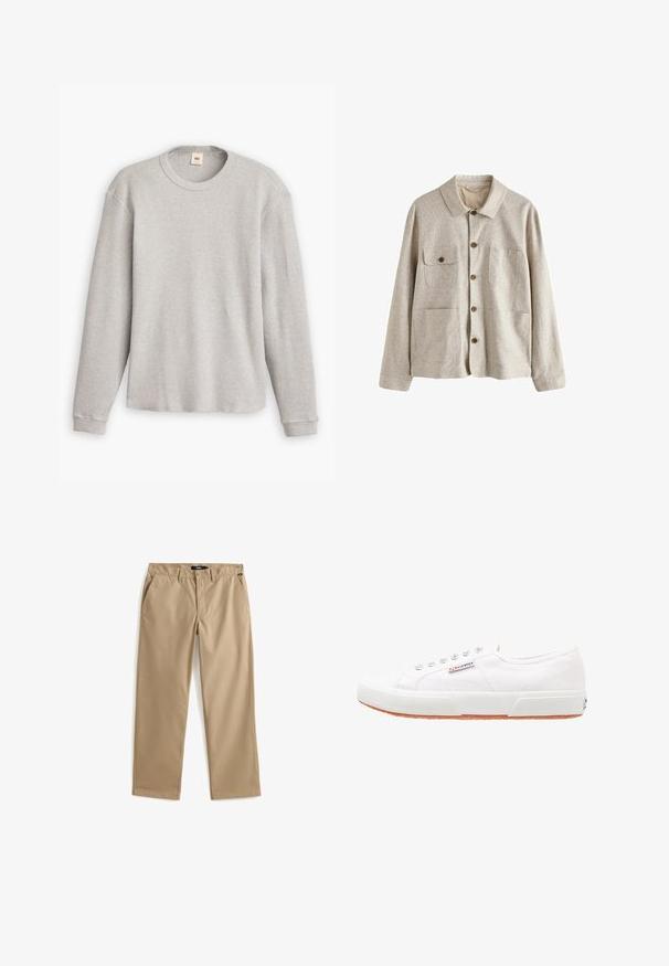 Veste beige à boutons avec col et quatre poches avant, dont une avec rabat boutonné, en tissu texturé.; Pull en maille gris à manches longues avec une texture côtelée, encolure ronde et ourlet droit. Les poignets sont ajustés et fabriqués en tissu doux.; Pantalon chino beige à coupe droite en tissu de coton léger. Comprend deux poches avant et une fermeture à bouton. Texture lisse, détails minimalistes.; Baskets en toile blanches avec une semelle en caoutchouc, design à lacets et une petite étiquette logo sur le côté. Tige blanche texturée et semelle extérieure marron.