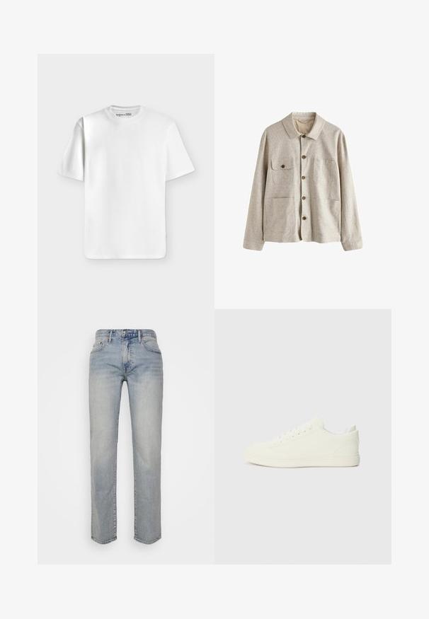 Beige jas met knopen, kraag en vier voorzakken, waarvan één met een knoopflap, gemaakt van gestructureerde stof.; Effen wit T-shirt met korte mouwen en een ronde hals, plat liggend op een lichtgrijze achtergrond met een klein merkje aan de binnenkant van de halslijn.; Lichtblauwe denim jeans met een rechte snit, voorzien van vijf zakken, een knoopsluiting aan de voorkant en subtiele vervaging op de dijen.; Witte sneakers met een gladde, textuurachtige bovenkant, ronde neus en traditionele vetersluiting, met een minimalistisch ontwerp en rubberen zool.