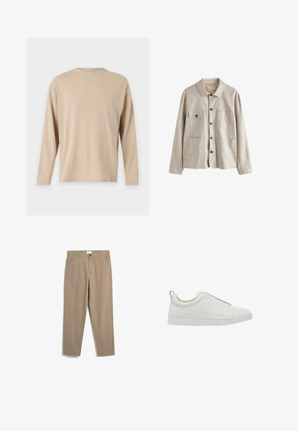 Beige jas met knopen, kraag en vier voorzakken, waarvan één met een knoopflap, gemaakt van gestructureerde stof.; Beige langesleeve shirt gemaakt van zachte stof met een rechte snit, ronde halslijn en minimale stikdetails langs de zoom en de mouwen.; Farah NORWOOD - Broek - beige; Witte lage sneaker met instapmodel, gevoerde kraag en treklipje bij de hiel, met een dikke rubberen zool en glad leren bovenwerk.