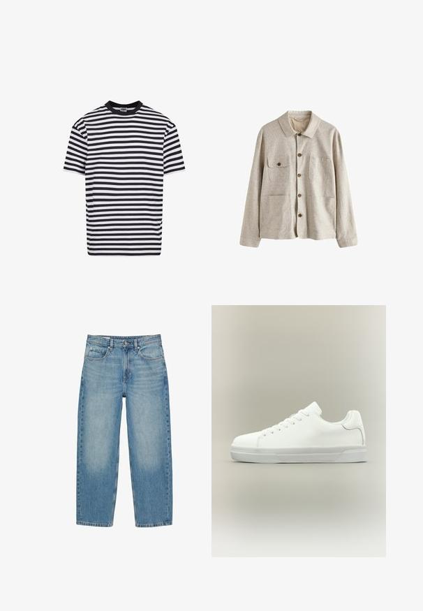 Beige skjortejakke med krave og fire forlommer, hvoraf den ene har en knaplukket klap, lavet af tekstureret stof.; Sort og hvid horisontalt stribet kortærmet t-shirt med en sort krave, mærket Urban Classics, størrelse medium.; Blå jeans med lige ben, forlommer, bæltestropper, knaplukning og diskrete falmede detaljer på lår og knæ.; Hvid lavtop sneaker med snørelukning foran, polstret krave og tekstureret gummisål, vist i sidelayout på neutral baggrund.