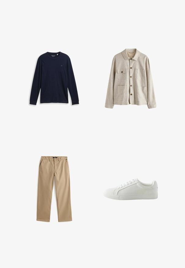 Chaqueta beige abotonada con cuello y cuatro bolsillos delanteros, uno con solapa abotonada, confeccionada en tela texturizada.; Camiseta de manga larga azul marino hecha de algodón suave, con un cuello redondo, dobladillos cosidos y un pequeño logo bordado en el pecho.; Pantalones chinos beige de pierna recta hechos de tela de algodón ligera. Presentan dos bolsillos delanteros y cierre de botón. Textura suave, detalles mínimos.; Zapatilla deportiva blanca de corte bajo con cordones, parte superior lisa y suela de goma plana, mostrada desde la vista lateral interna sobre un fondo blanco.