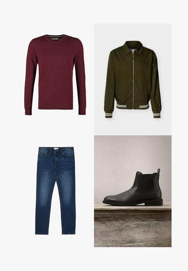 Veste zippée vert olive avec col, poignets et ourlet élastiqués ornés de doubles rayures blanches et poches latérales.; Pull en jersey bordeaux avec un col rond, fabriqué en tissu lisse, doté de manches longues et de poignets et ourlet côtelés pour une texture supplémentaire.; Jean slim-fit bleu foncé avec des détails délavés, design classique à cinq poches, fermeture à bouton et passants de ceinture.; Botte de cheville en cuir noir avec une texture lisse, bout arrondi, panneaux latéraux élastiques et languette, posée sur une surface en bois.