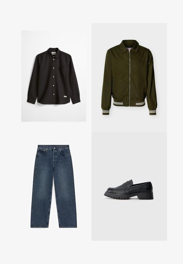 Veste zippée vert olive avec col, poignets et ourlet élastiqués ornés de doubles rayures blanches et poches latérales.; Chemise noire à manches longues avec boutons, une poche poitrine unique, un col pointu, et une petite étiquette blanche près de l'ourlet inférieur sur fond blanc.; Jean en denim bleu foncé à jambes droites avec cinq poches et fermeture par boutons, étalé à plat sur un fond blanc.; Mocassins en cuir noir avec un bout arrondi, présentant une sangle décorative et une semelle en caoutchouc épaisse avec de profonds crampons pour une meilleure adhérence.