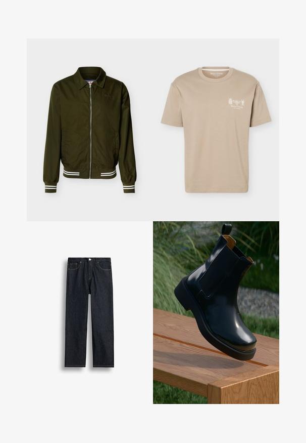 Olijfgroene jas met rits, kraag, elastische manchetten en zoom met witte dubbele strepen en zijzakken.; Beige T-shirt met korte mouwen en een ronde hals, met kleine insectengrafieken en het "Marc O'Polo"-logo op de linkerborst.; Donkerblauwe recht gesneden spijkerbroek met voorvak, rits en ontwerp met vijf zakken op een witte achtergrond.; Zwarte leren Chelsea-boot met een gladde afwerking, elastische zijkanten, ronde neus en dikke rubberen zool, gepositioneerd boven een houten oppervlak.