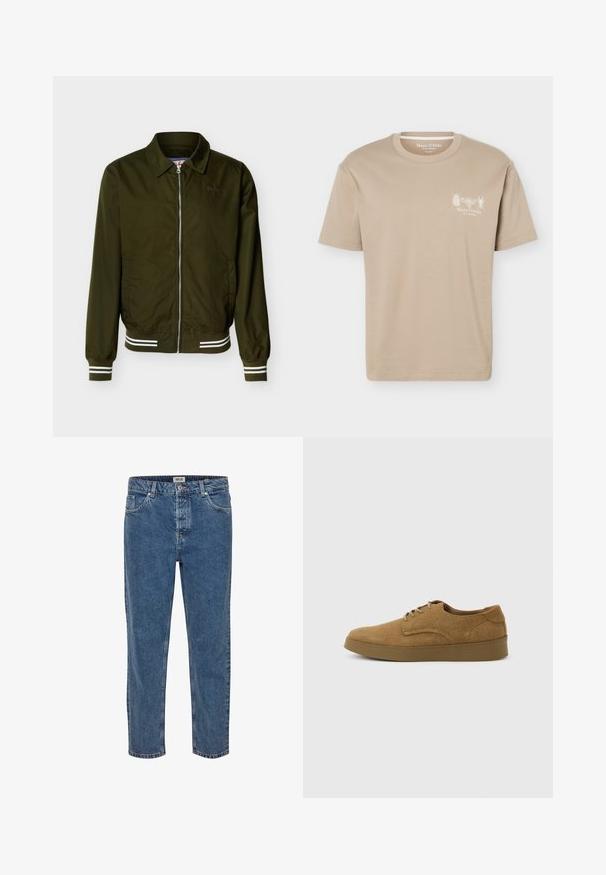 Veste zippée vert olive avec col, poignets et ourlet élastiqués ornés de doubles rayures blanches et poches latérales.; T-shirt beige à manches courtes avec col rond, présentant de petits motifs d'insectes et le logo "Marc O'Polo" sur la poitrine gauche.; Jeans en denim bleu à coupe droite. Présente cinq poches, une fermeture à bouton et des coutures contrastées. Le tissu a une texture classique.; Chaussure décontractée à lacets en daim marron avec semelle en caoutchouc plate, vue de côté sur un fond clair uni.