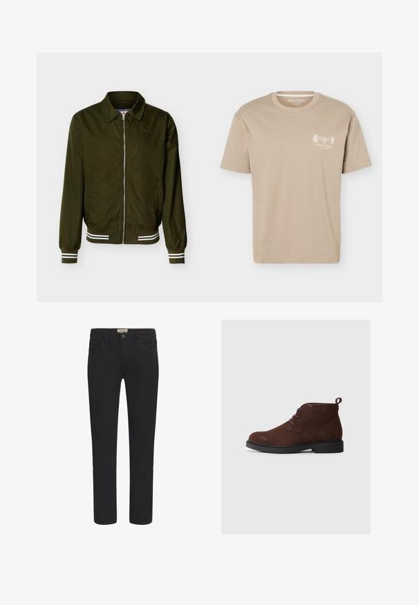 Olivgrüne Zip-up-Jacke mit Kragen, elastischen Bündchen und Saum mit weißen Doppelstreifen sowie Seitentaschen.; Beiges T-Shirt mit kurzen Ärmeln und rundem Ausschnitt, mit kleinen Insektengrafiken und „Marc O'Polo“-Logo auf der linken Brust.; Schwarze Jeans aus Denim mit geradem Schnitt, Fünf-Taschen-Design und vorderem Knopfverschluss. Glatte Textur mit dezenten Stichdetails.; Braune Wildleder-Ankle Boots mit abgerundeter Spitze, Schnürdesign und kleinem Absatz. Verfügt über eine Schlaufe hinten für einfaches Anziehen.